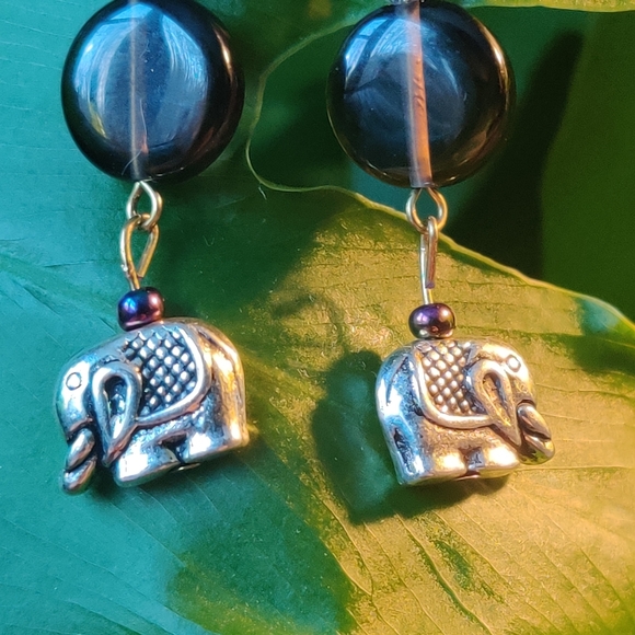 Smokey Quartz, Elephant Charm, Dyed Howlite Earrings - Picture 10 of 16